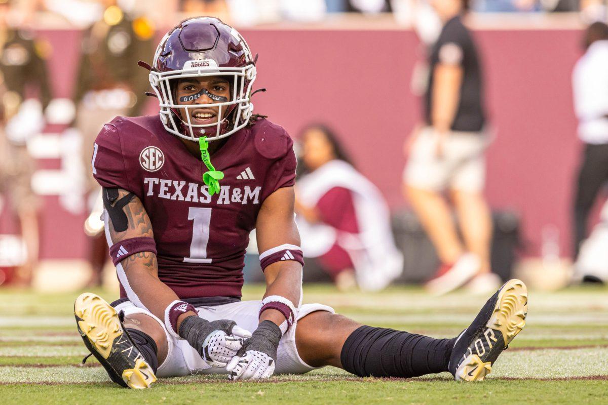 <p>Sophomore DB Bryce Anderson (1) sits in the end zone during Texas A&M's football game against Alabama at Kyle Field on Saturday, Oct. 7, 2023. (Chris Swann/The Battalion)</p>