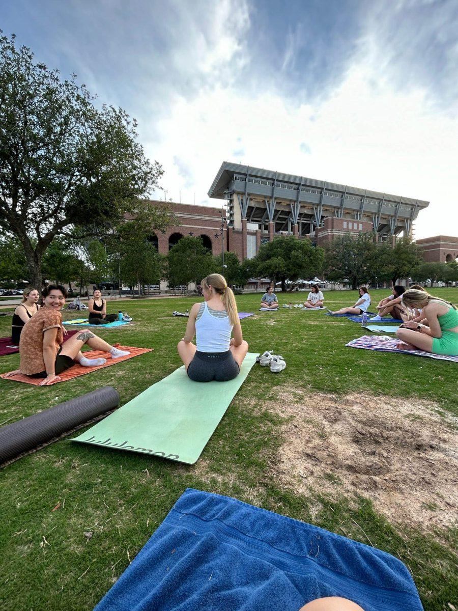 Aggie Nature RX members do yoga at sunset in Aggie Park on Monday, May 1, 2023. 