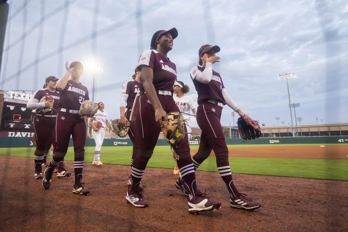 The Aggies walk back to the dugout before the Maroon and White Game on Friday, Oct. 27, 2023 at Davis Diamond. (Chris Swann/The Battalion)
