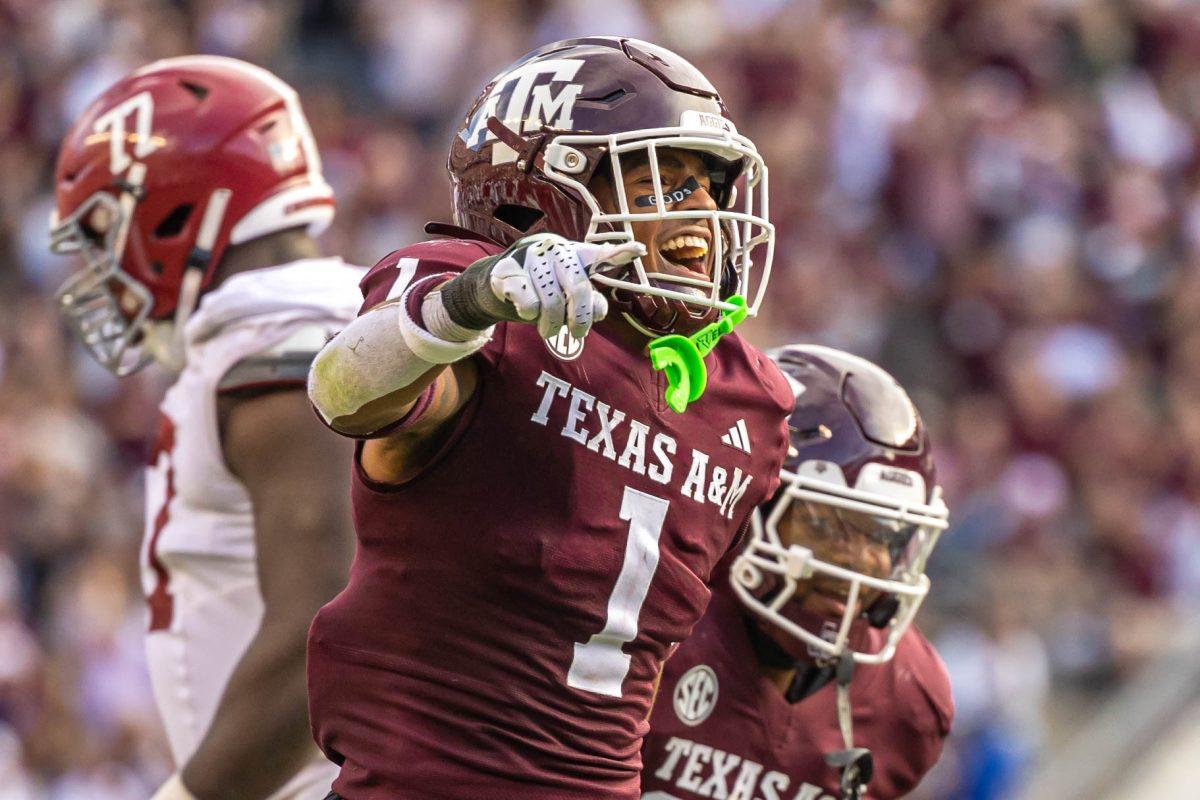 Sophomore DB Bryce Anderson (1) celebrates after a fumble recovery during Texas A&Ms football game against Alabama at Kyle Field on Saturday, Oct. 7, 2023. (Chris Swann/The Battalion)