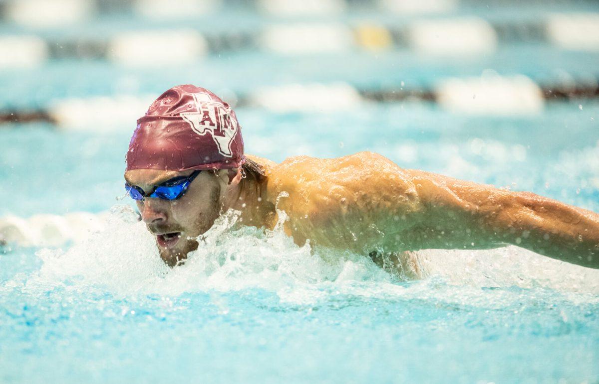 Aggie swimmer competes in the Men 100 Butterfly during Texas A&Ms meet against Tennessee on Friday, Oct. 27, 2023 at Rec Center Natatorium (Katelynn Ivy/The Battalion)