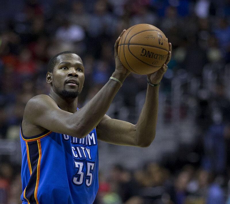 Kevin Durant shoots a free throw during the 2014 Oklahoma City Thunder and Washington Wizards match up. 