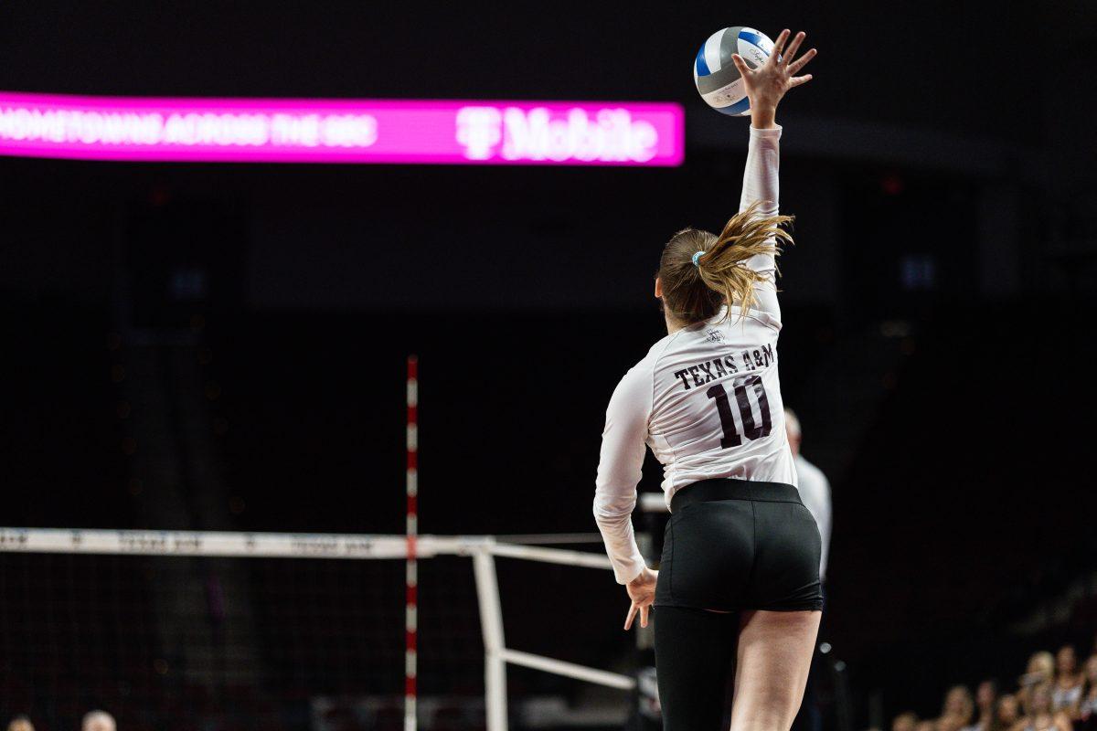 Freshman+S+Margot+Manning+%2810%29+serves+the+ball+during+Texas+A%26amp%3BMs+game+against+Mississippi+State+at+Reed+Arena+on+Wednesday%2C+Sept.+20%2C+2023.