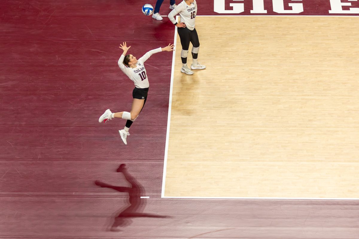 Freshman+S+Margot+Manning+%2810%29+serves+the+ball+during+Texas+A%26amp%3BMs+game+against+Georgia+on+Sunday%2C+Oct.+22%2C+2023+at+Reed+Arena.+%28CJ+Smith%2FThe+Battalion%29