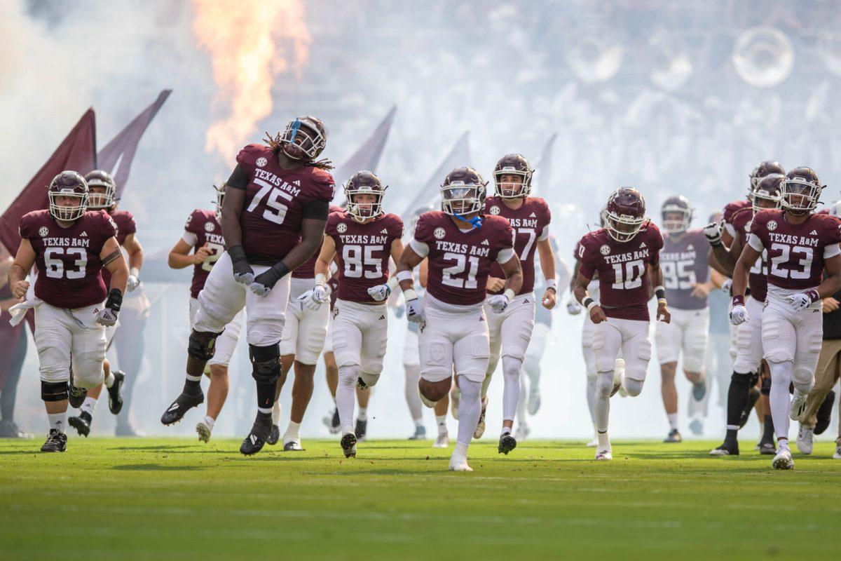 The Aggies take the field before Texas A&Ms game vs. South Carolina at Kyle Field on Saturday, Oct. 28, 2023.