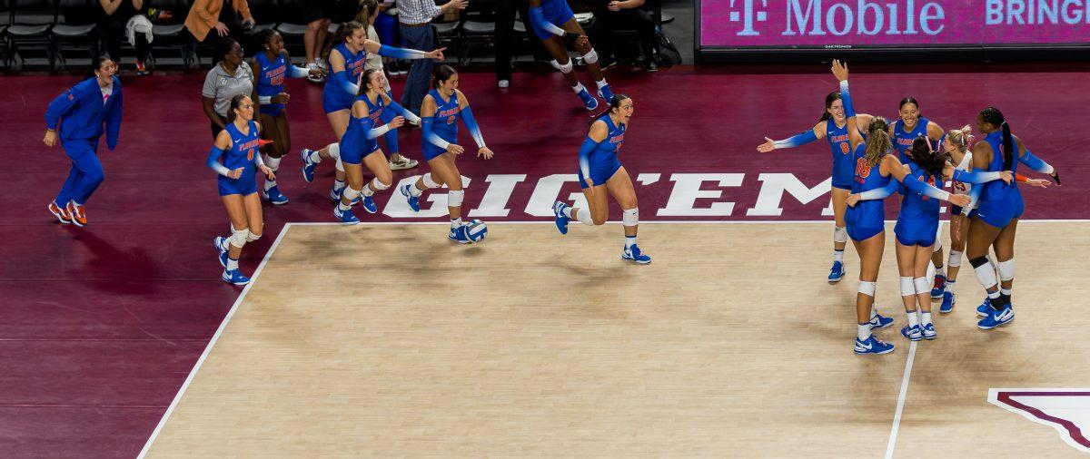 <p>The Gators celebrate after winning against the Aggies 3-1 on Friday, Oct. 20, 2023. (Pranay Dhoopar/The Battalion)</p>