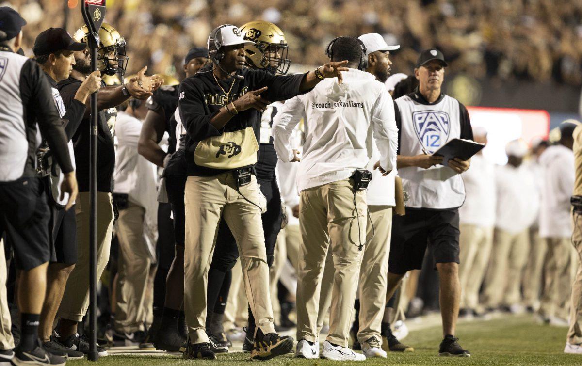 The+Colorado+Buffaloes+head+coach+Deion+Sanders+gestures+towards+the+field+during+the+game+against+Colorado+State+University+on+Saturday%2C+Sept.+16%2C+2023.+%28Clementine+Miller%2FCU+Independent%29