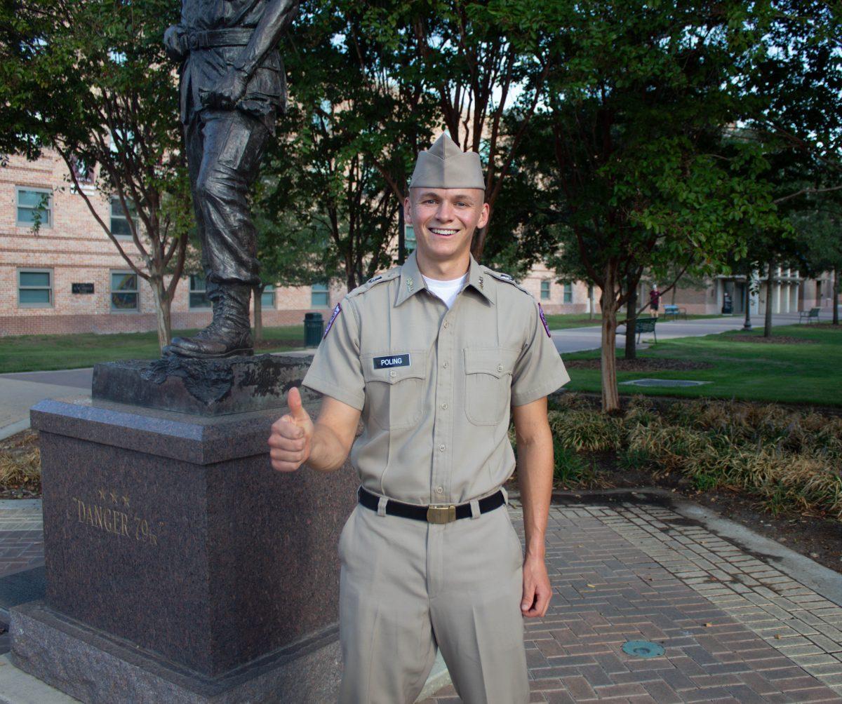 Freshman Class President Duncan Poling poses in front of the Corps Quad on Oct. 4, 2023. The engineering freshman was elected with a 37.72% vote on Sept. 29, 2023.&#160;