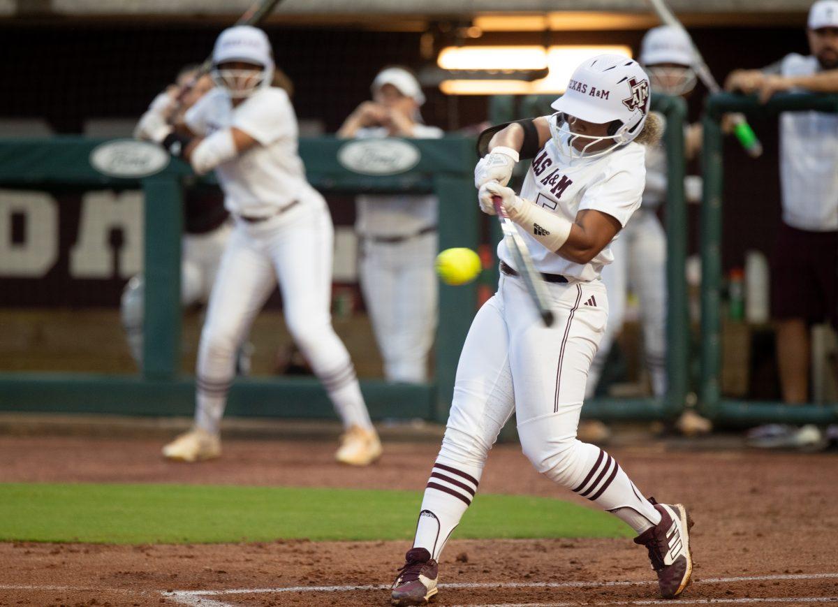 Sophomore INF Kennedy Powell (5) swings for the ball during the Aggie softball teams Maroon & White game on Friday, Oct. 27, 2023 at Davis Diamond (Katelynn Ivy/The Battalion).