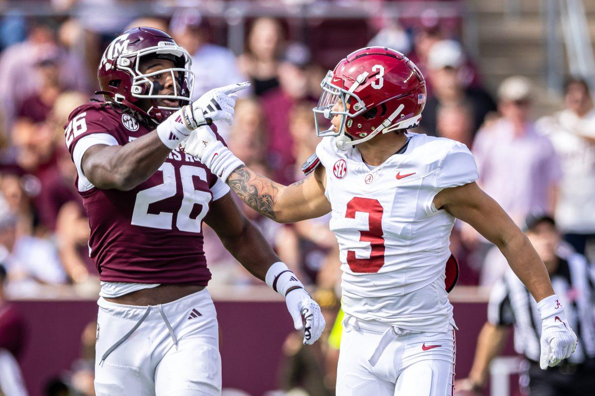 Senior DB Demani Richardson (26) and Alabama WR Jermaine Burton (3) talk after a play during Texas A&Ms football game against Alabama at Kyle Field on Saturday, Oct. 7, 2023. (Chris Swann/The Battalion)