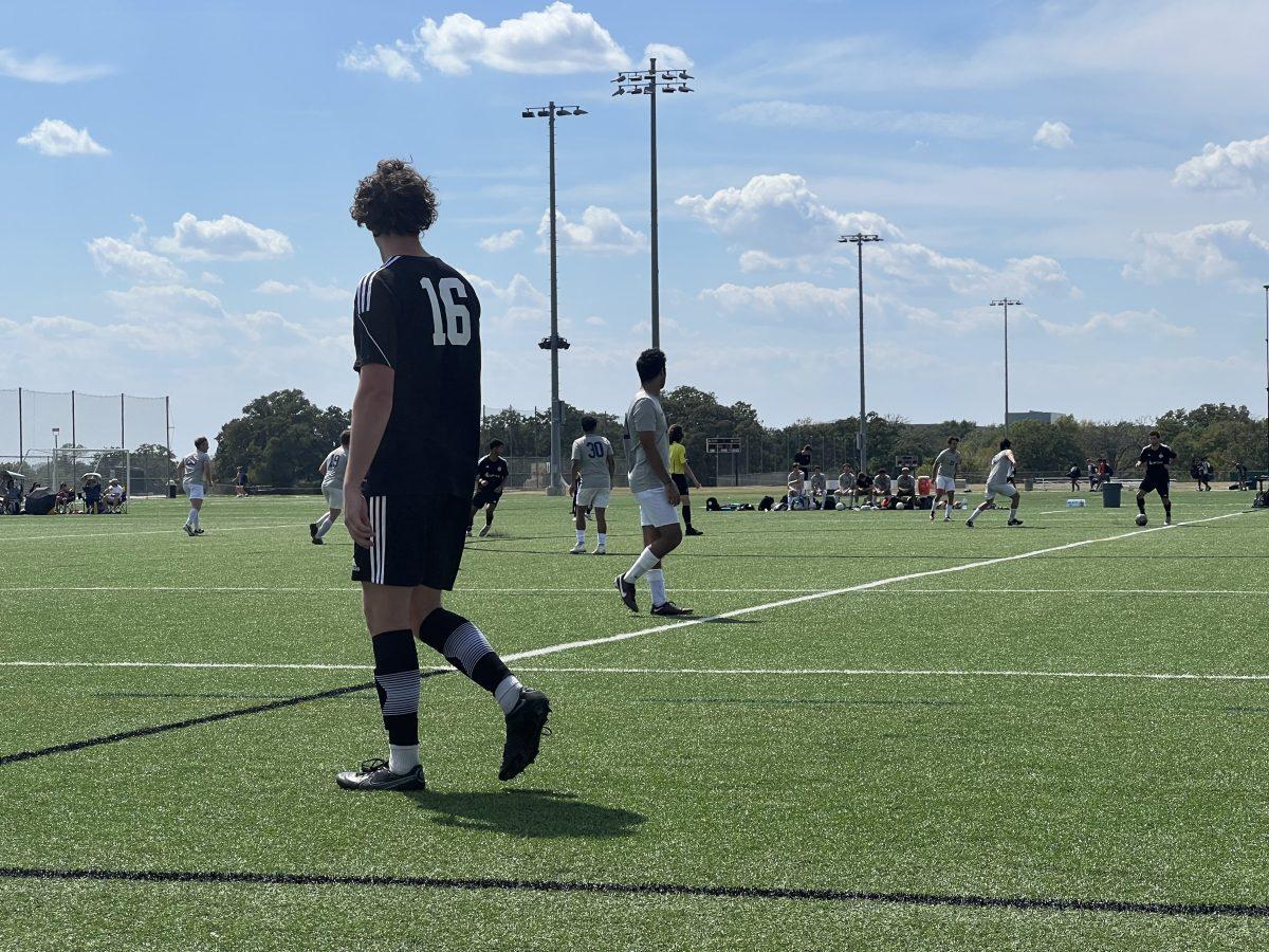 Electronic systems engineering technology junior Tommy Breaux watches as his teammate dribbles towards his side of the field against LSU on Sunday, Oct. 1 at the Penberthy Rec Sports Complex Fields. 