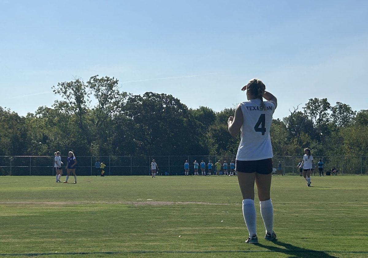 No. 4 Caroline Geertsema looks on as A&Ms keeper kicks the ball to advance the team to UTs half of the field during the Oct. 14 game.