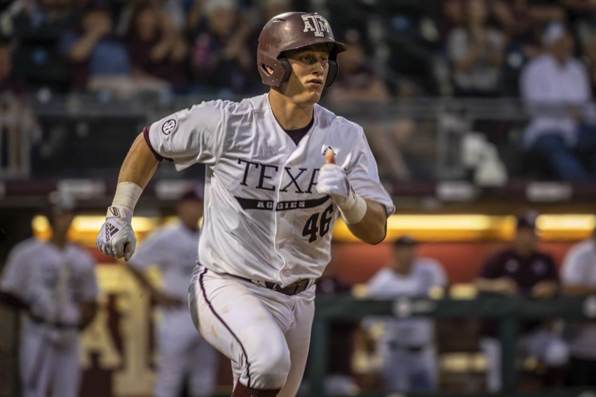 Freshman C Max Kaufer (46) runs to first base after hitting a single during Texas A&Ms game against Tarleton at Olsen Field on Tuesday, May 2, 2023.