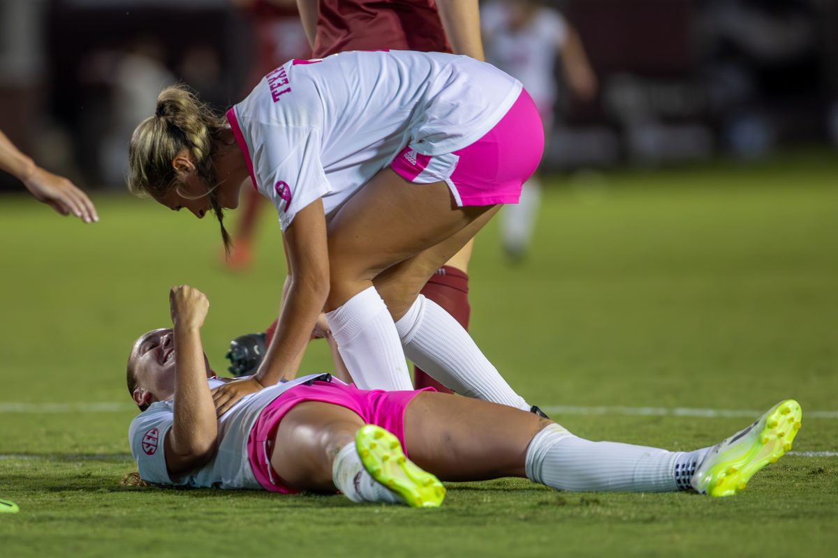 Junior M/D Mia Pante (13) and sophomore M Sydney Becerra (7) celebrate the second A&M goal of the match during Texas A&Ms game against Alabama on Sunday Oct. 8, 2023 at Ellis Field. (CJ Smith/The Battalion)