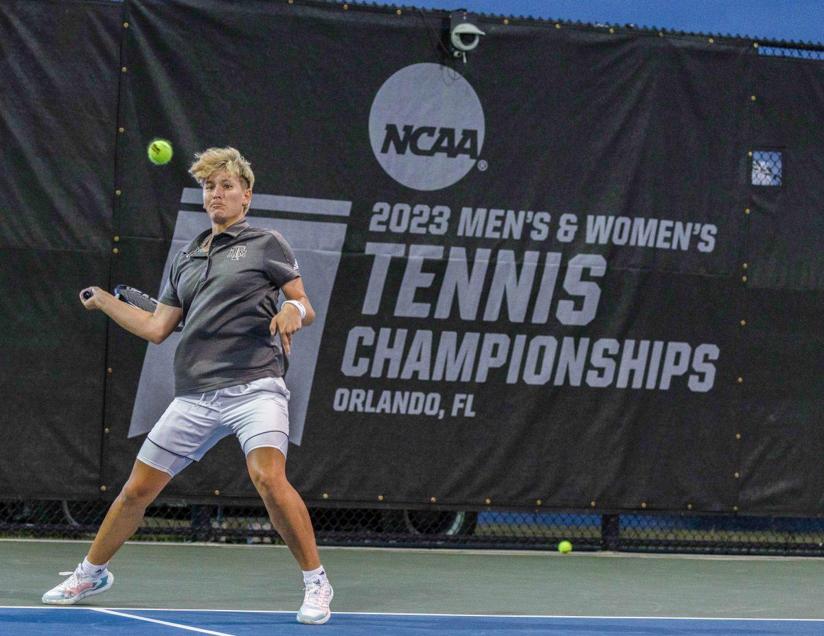 <p>Sophomore Gianna Pielet hits the ball during a game vs. Stanford at the NCAA Women's Tennis quarterfinals in Orlando, Florida on Wednesday, May 17, 2023.</p>
