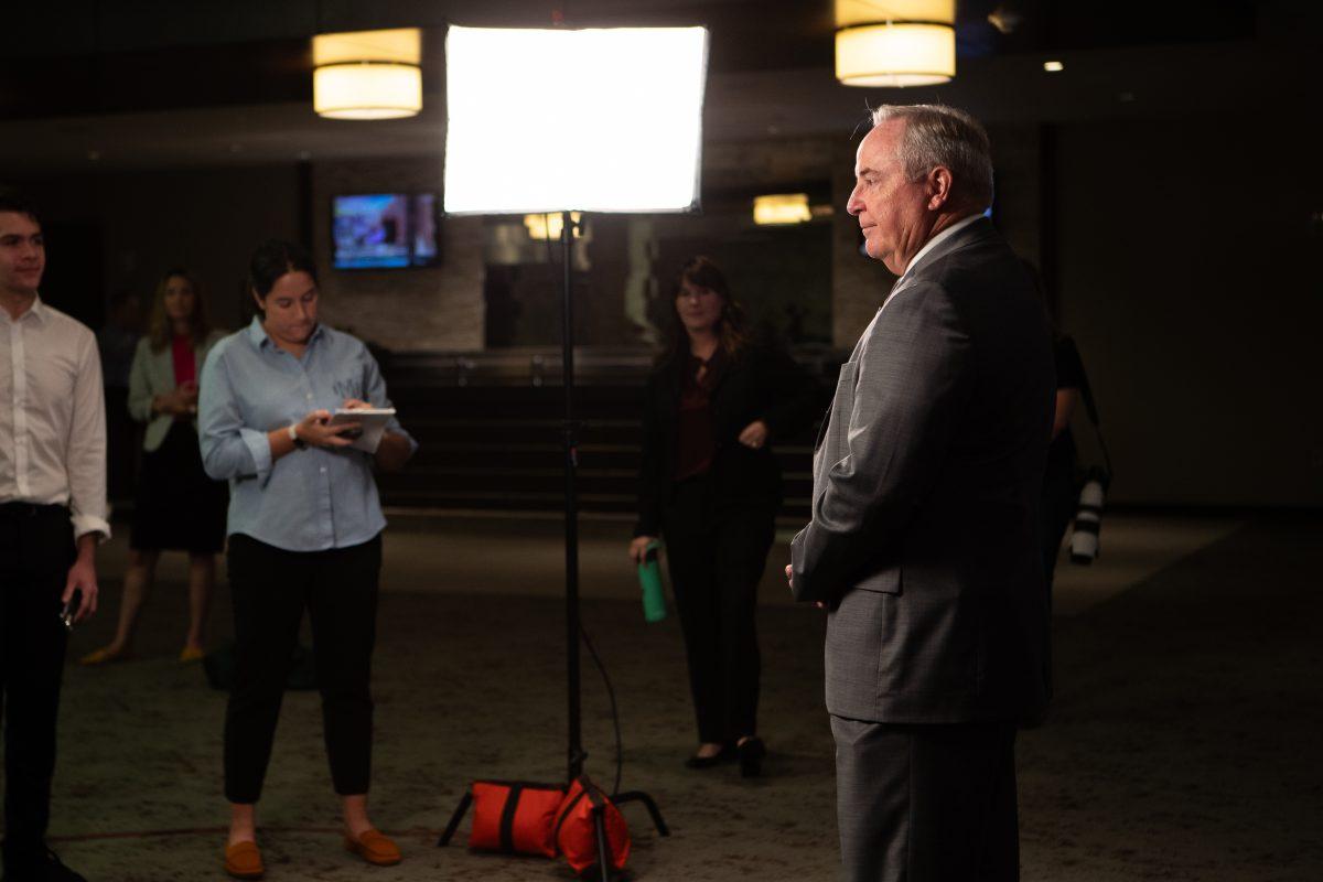 Interim president Mark Welsh answers questions for reporters on Oct. 4, 2023 at the Hall of Champions. (Julianne Shivers/The Battalion)