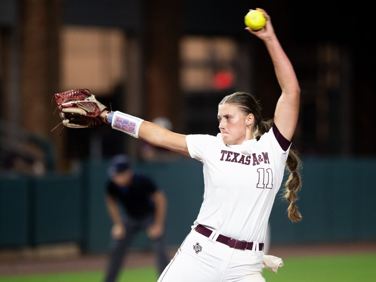 Junior P Emily Kennedy (11) pitches the ball during the Aggie softball team's Maroon &amp; White game on Friday, Oct. 27, 2023 at Davis Diamond (Katelynn Ivy/The Battalion).