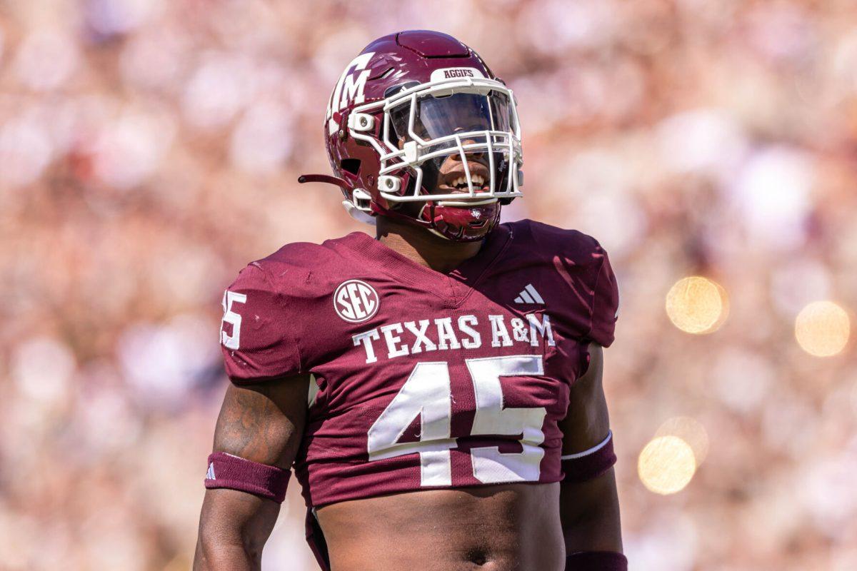 Junior LB Edgerrin Cooper (45) celebrates after a defensive stop during Texas A&Ms football game against Alabama at Kyle Field on Saturday, Oct. 7, 2023. (Chris Swann/The Battalion)