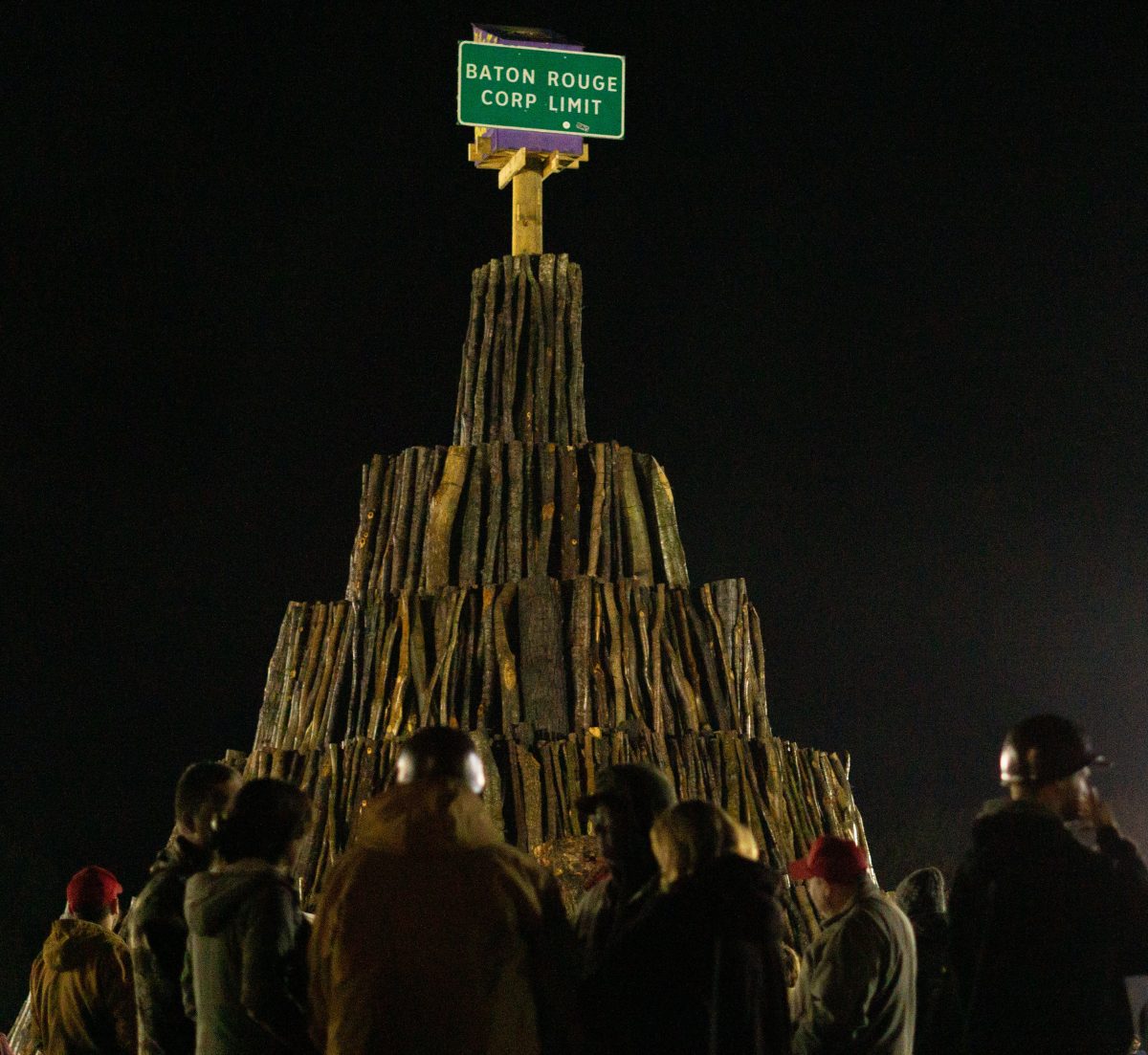 The stack await its burn at the student bonfire on Tuesday, Nov. 21, 2023.