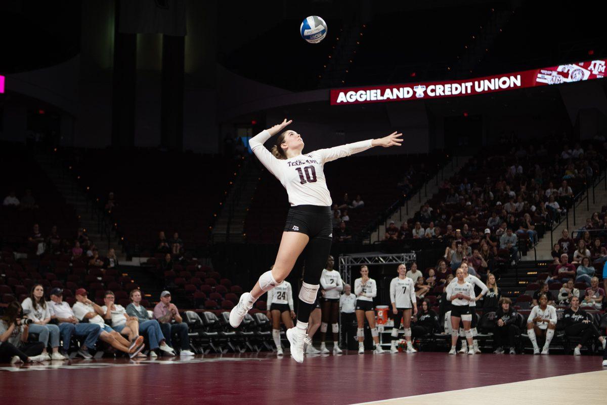 Freshman+S+Margot+Manning+%2810%29+serves+the+ball+in+Texas+A%26amp%3BMs+game+against+Auburn+on+Sunday%2C+Nov.+5%2C+2023+at+Reed+Arena.+%28Julianne+Shivers%2F+The+Battalion%29