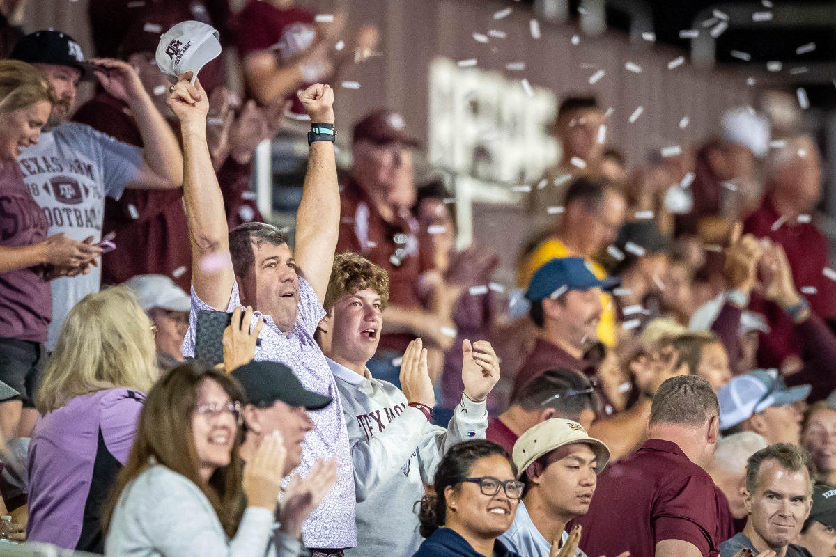 <p>Spectators celebrate after the Aggies make a goal during Texas A&M's game against Alabama on Sunday, Oct. 8, 2023. The Aggies upset Alabama 3-1. (Chris Swann/The Battalion)</p>