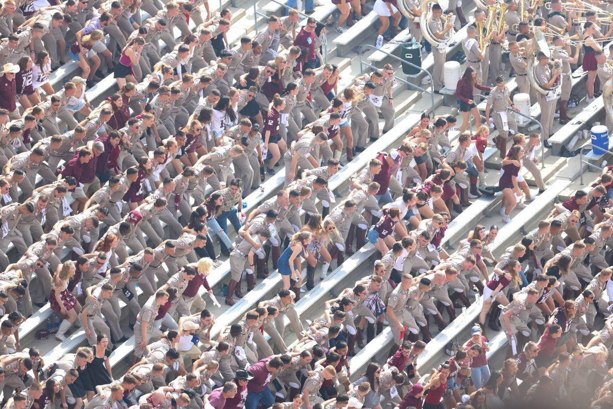The crowd saws Varistys horns off during Texas A&Ms game vs. South Carolina at Kyle Field on Satuday, Oct. 28, 2023.