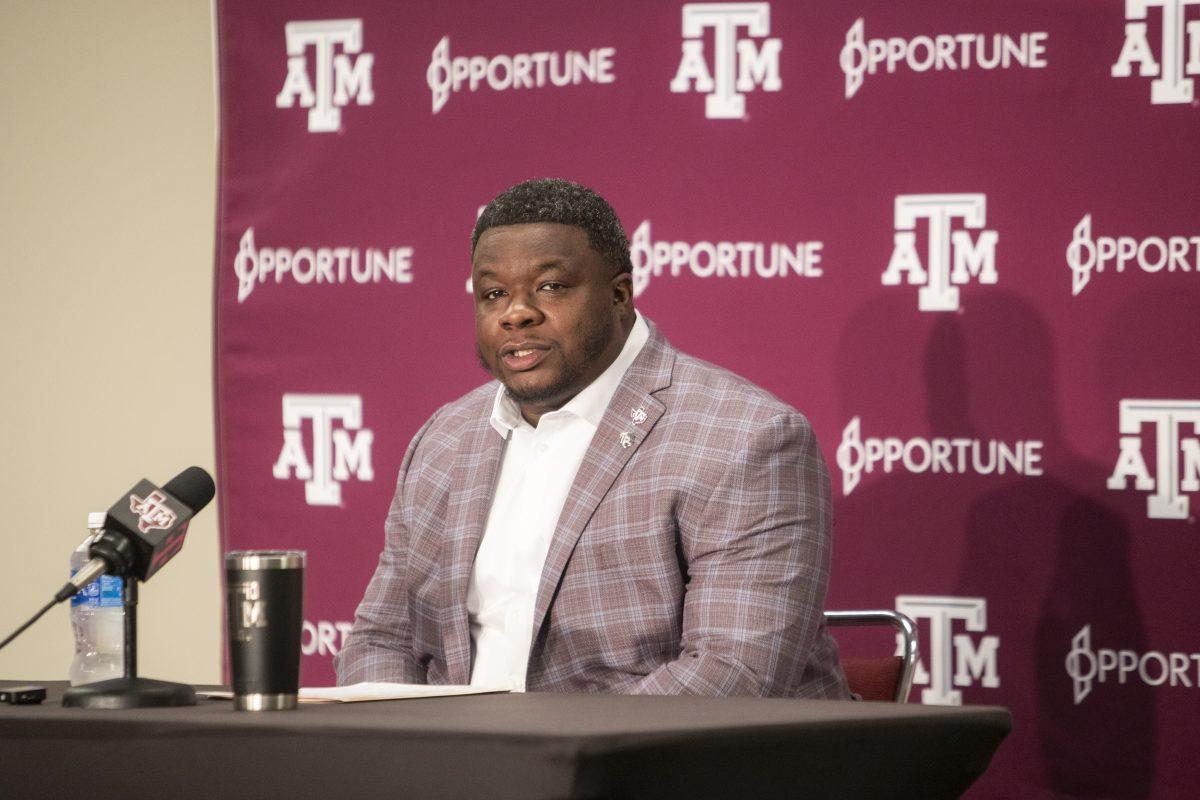 Interim head coach Elijah Robinson speaks to reporters during a press conference on Nov. 13 following the news of Jimbo Fishers termination at Kyle Field. Robinson said he is ready for the team to move forward. (Ishika Samant/The Battalion)