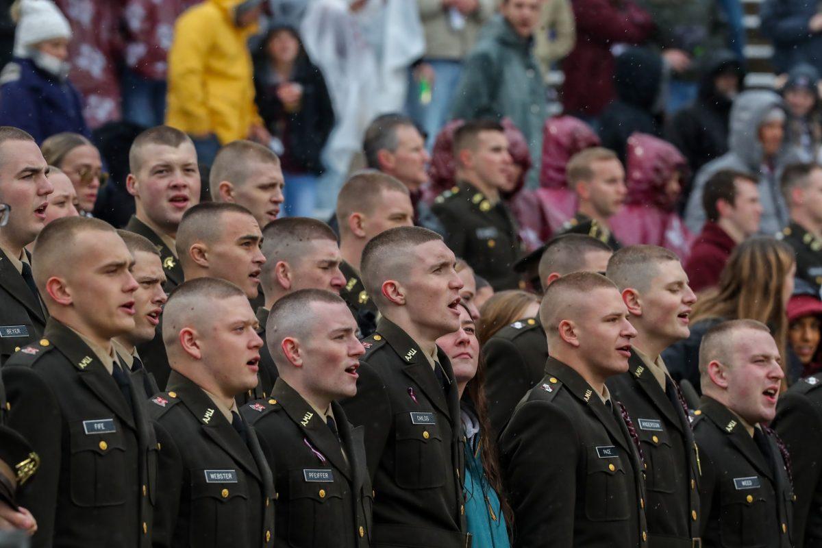 Aggie Corps of Cadets singing the Aggie War Hymn during a game vs. UMass on Saturday, Nov. 19, 2022 at Kyle Field. (Jonathan Taffet/The Battalion)