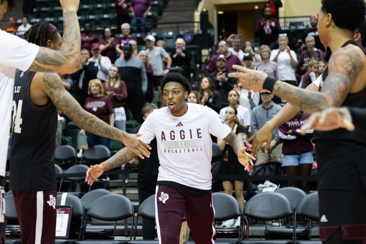 Junior G Wade Taylor IV (4) gets introduced before Texas A&Ms game against Iowa State at the ESPN Events Invitational in Kissimmee, Florida on Sunday, Nov. 26, 2023.
