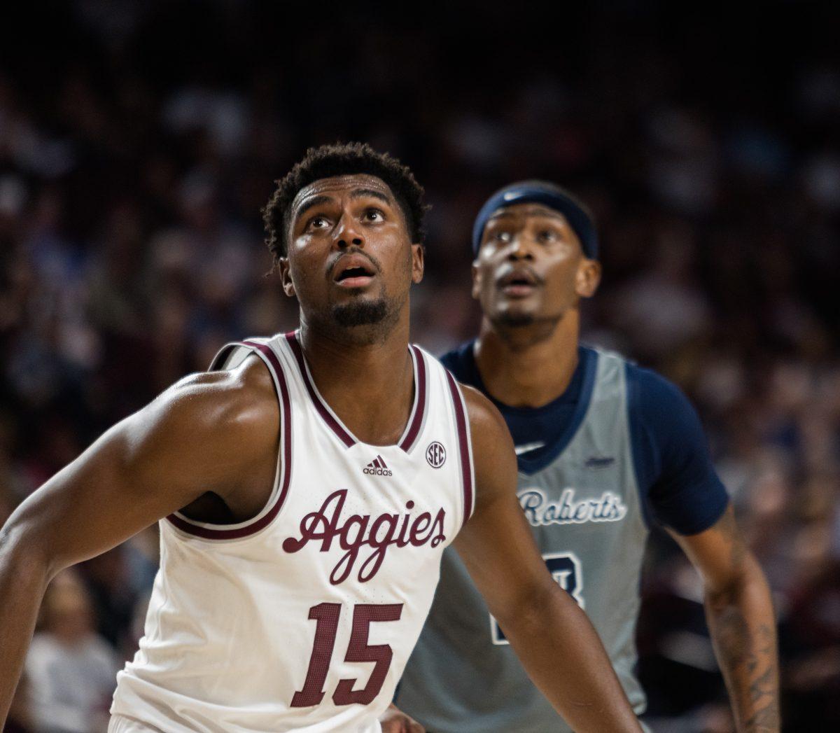 Senior F Henry Coleman III (15) looks to grab a rebound during Texas A&Ms game against Oral Roberts in Reed Arena on Friday, Nov. 17, 2023.