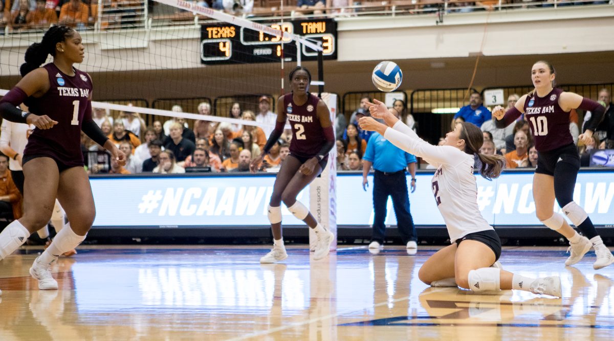 Sophomore S Ava Underwood (2) watches as her team sets the ball during the first round of the NCAA volleyball tournament against Texas on Thursday, Nov. 30, 2023 at Gregory Gymnasium in Austin, Texas. (Ishika Samant/The Battalion) Ava Underwood (2) sets the ball during the first round of the NCAA volleyball tournament against Texas on Thursday, Nov. 30, 2023 at Gregory Gymnasium in Austin, Texas. (Ishika Samant/The Battalion)