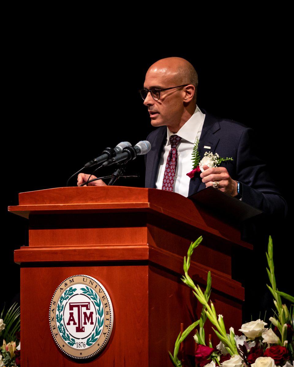 Lieutenant Colonel Tyson Voelkel, Class of 1996, speaks at Muster in Reed Arena on Friday, April 21, 2023.