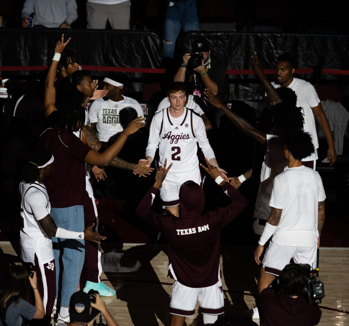 Senior G Hayden Hefner (2) gets introduced before Texas A&Ms game against Oral Roberts in Reed Arena on Friday, Nov. 17, 2023.