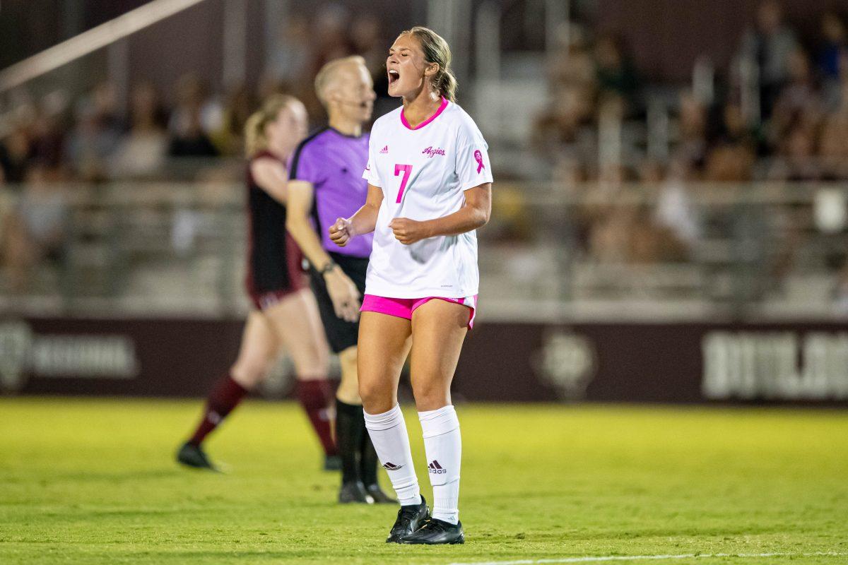 Sophomore M Sydney Becerra (7) yells in frustration after a blocked shot on goal during Texas A&Ms game vs. South Carolina at Ellis Field on Thursday, Oct. 19, 2023. (Chris Swann/The Battalion)
