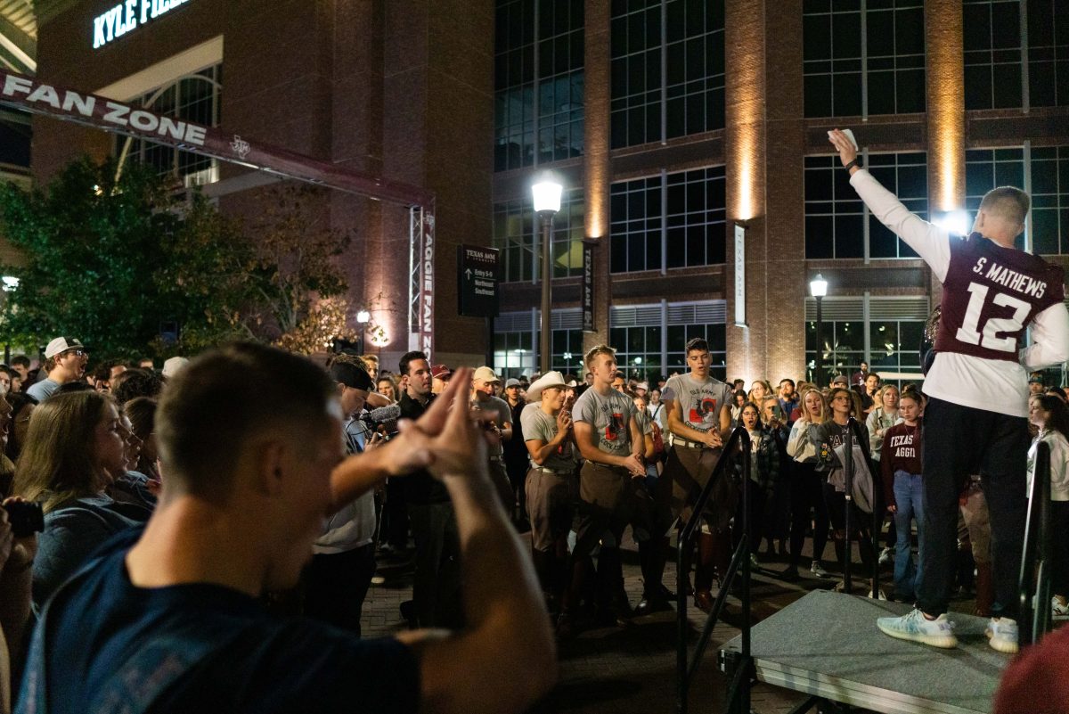 Texas A&amp;M 12th Man, Sam Mathews, speaks during Elephant Walk on Wednesday, Nov. 16th, 2023.