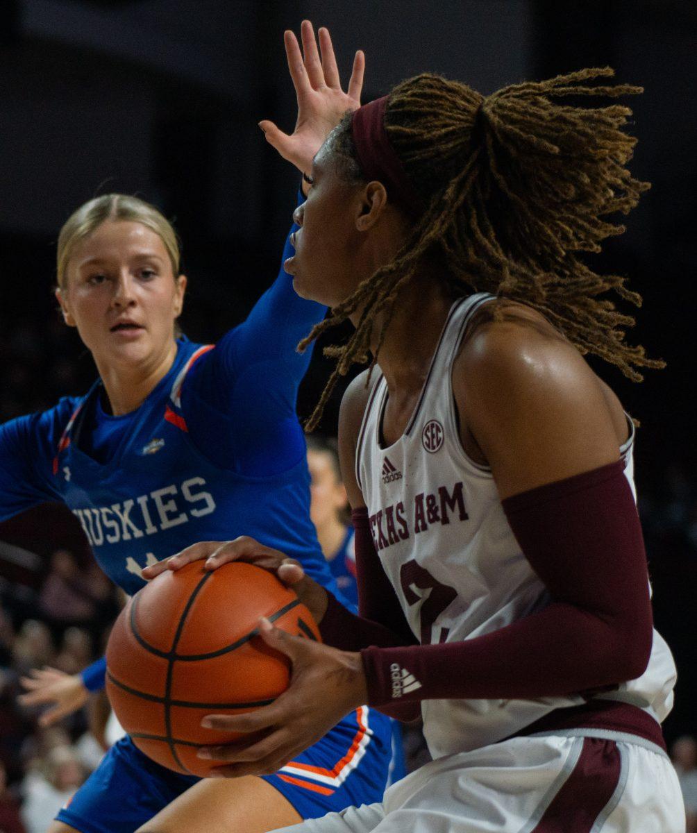 <p>Sophomore F Janiah Barker (2) prepares to shoot during Texas A&M's game against HCU at Reed Arena on Monday, Nov. 20, 2023.</p>