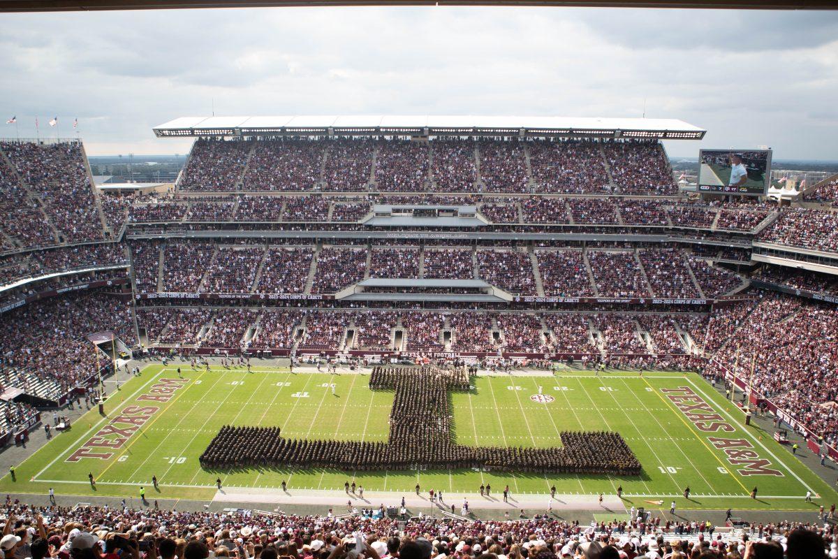 The Corps of Cadets form a T on the field at half time during Texas A&Ms game against ACU o Saturday Nov. 18, 2023 at Kyle Field. (Julianne Shivers/ The Battalion)