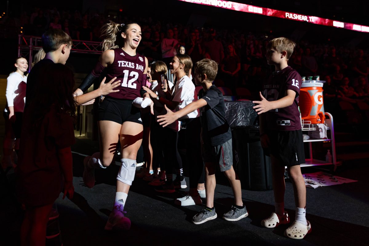 Sophomore L/DS Ava Underwood (12) runs out before Texas A&amp;M's game vs. Auburn at Reed Arena on Sunday, Nov. 5, 2023. (Chris Swann/The Battalion)