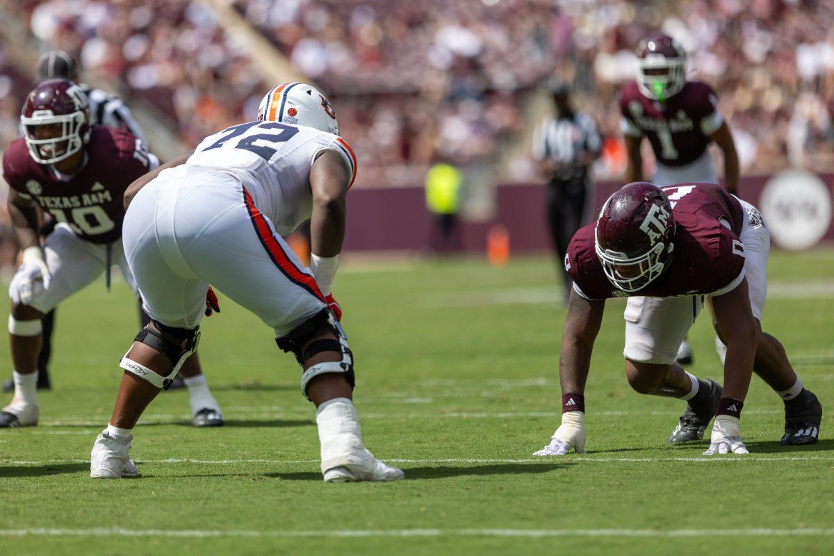 Sophomore DL Walter Nolen (0) lines up and gets ready for the snap during Texas A&Ms game against Auburn on Saturday, Sept. 23, 2023 at Kyle Field. (CJ Smith/The Battalion)