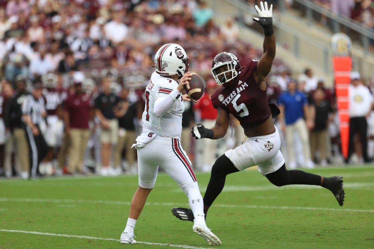 <p>Junior DL Shemar Turner (5) attempts to block a pass during Texas A&M's game vs. South Carolina at Kyle Field on Satuday, Oct. 28, 2023.</p>