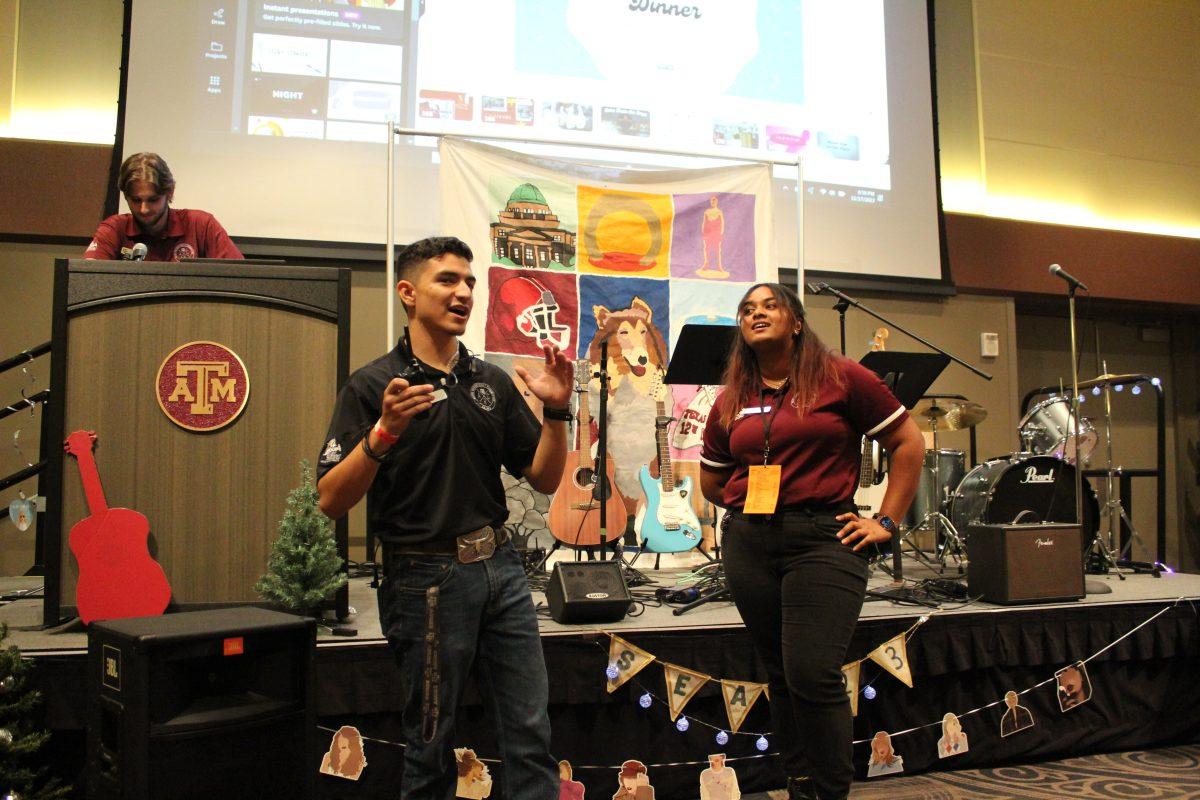 Sophomore Clayton Hargrove and junior Jelisha Perera perform a skit for high school seniors with junior Logan Roberts narrating on Nov. 17, 2023 in the MSC Bethancourt room for the Seniors Experiencing Aggie Life conference.