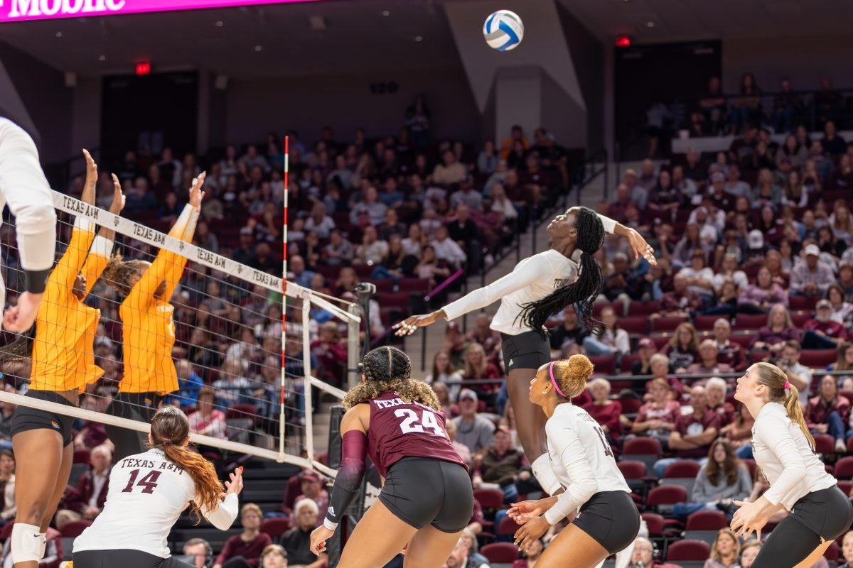 <p>Freshman OPP Ital Lopuyo (2) prepares to spike the ball during Texas A&M's game against Tennessee on Sunday, Nov. 19, 2023 at Reed Arena. (CJ Smith/The Battalion)</p>