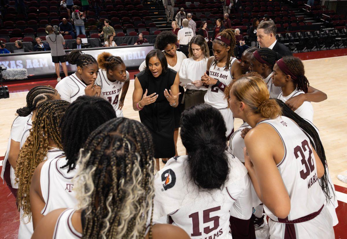Head coach Joni Taylor speaks to her team after Texas A&Ms win against A&M-Corpus Christi in Reed Arena on Thursday, Nov. 9, 2023.