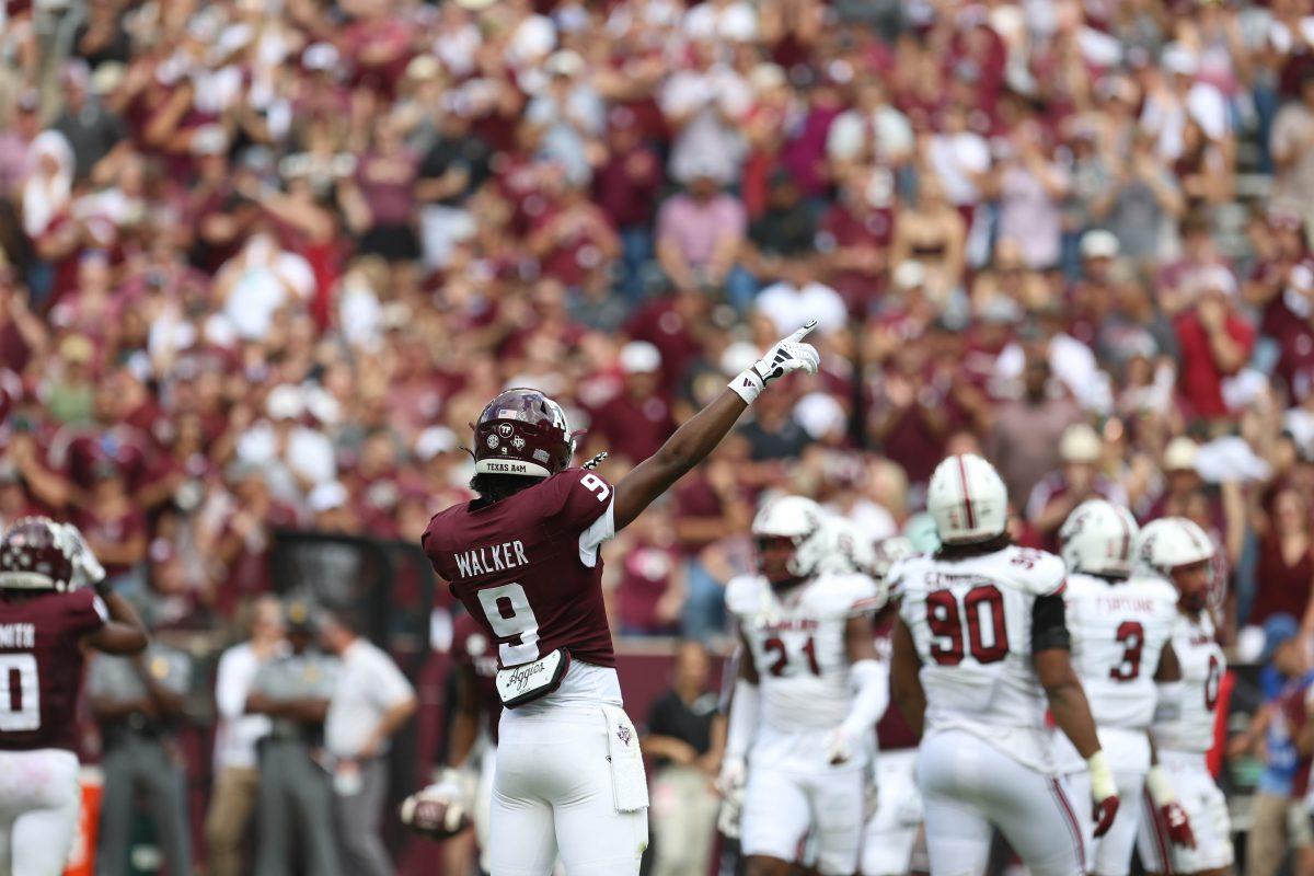Junior WR Jahdae Walker (9) points towards the goal line after a pass during Texas A&Ms game vs. South Carolina at Kyle Field on Satuday, Oct. 28, 2023.