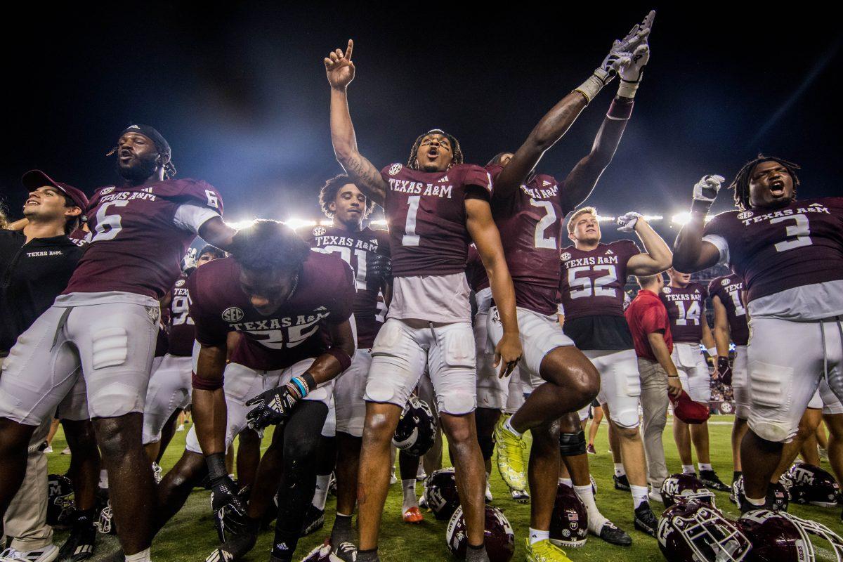 Sophomore DB Bryce Anderson (1) and the team celebrate after winning the game vs. New Mexico on Saturday, Sept. 2, 2023 at Kyle Field.