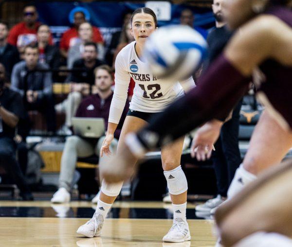 Sophomore S Ava Underwood (2) watches as her team sets the ball during the first round of the NCAA volleyball tournament against Texas on Thursday, Nov. 30, 2023 at Gregory Gymnasium in Austin, Texas. (Ishika Samant/The Battalion)