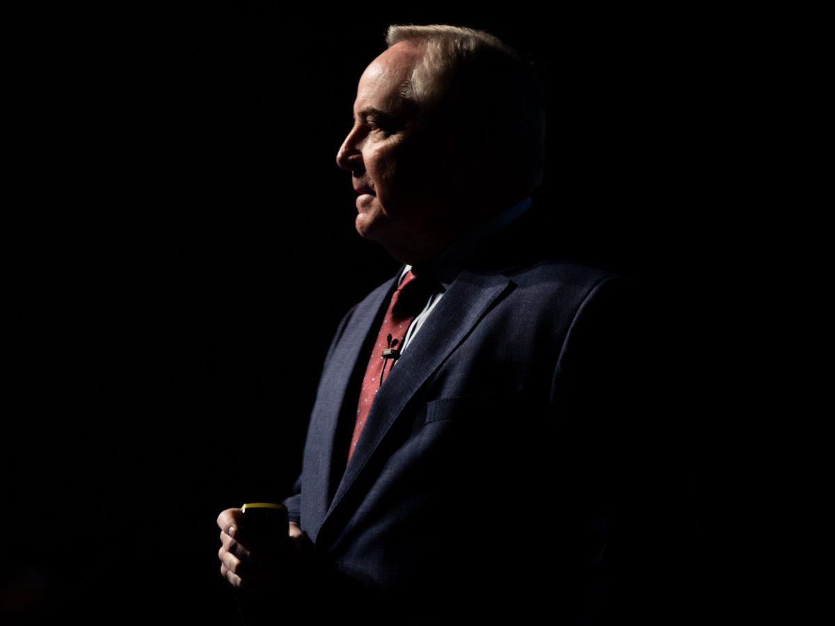 Interim president Mark Welsh III speaks to students, faculty during the State of the University Address sharing the university's new strategy and vision in Rudder Theatre on Wednesday, Nov. 29, 2023. (Chris Swann/The Battalion)