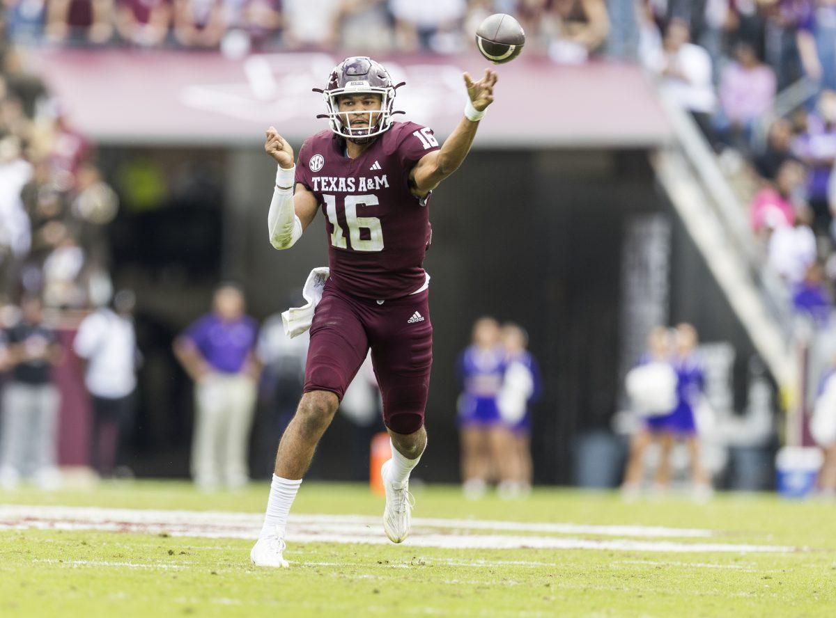 Sophomore QB Jaylen Henderson (16) throws the ball during Texas A&Ms game against ACU on Saturday, Nov. 18, 2023 at Kyle Field. (Ishika Samant/The Battalion)