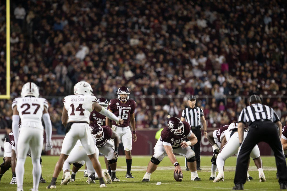 <p>Sophomore QB Jaylen Henderson (16) looks at the field and players in Texas A&M's game against Mississippi State on Saturday, Nov. 11, 2023 at Kyle Field. (Julianne Shivers/ The Battalion)</p>