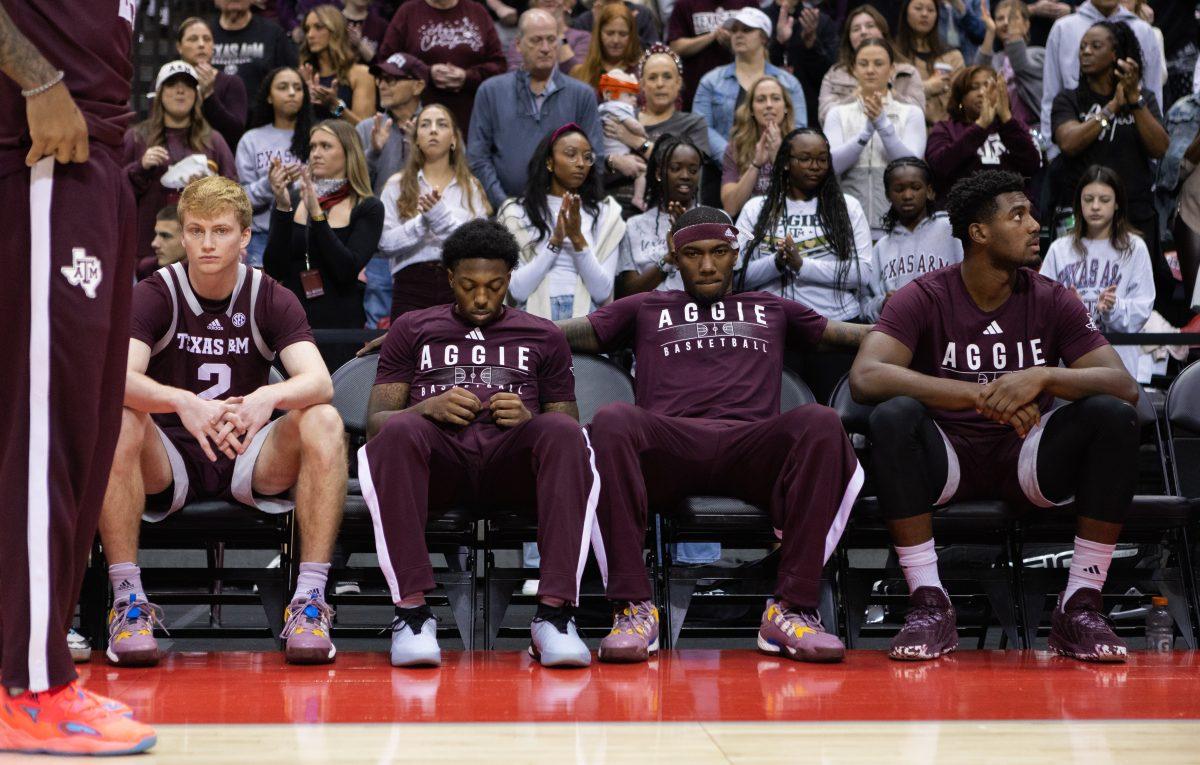 Senior G Hayden Hefner (2), junior G Wade Taylor IV, graduate G Tyrece Radford and senior F Henry Coleman III wait to be introduced before Texas A&Ms game against FAU at the ESPN Events Invitational in Kissimmee, Florida on Friday, Nov. 24, 2023.
